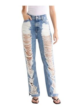 Good American The Khloé Jean High Waist Straight Leg Distressed Indigo SZ 2 NWT